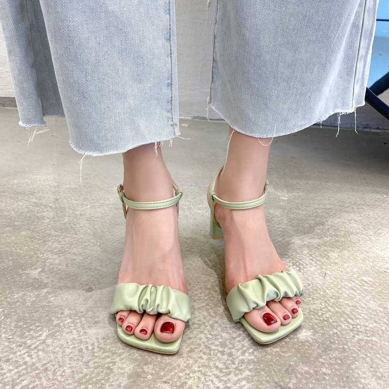 

Fashion High Heel Pleated Sandals Women Beige Green Thick Heel Ankle Buckle Sandals Summer Office Open Toe High Heels Women