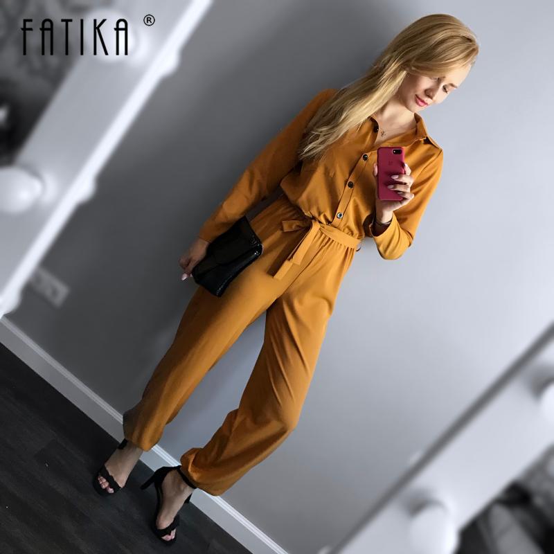 

FATIKA 2020 New Stylish Cool Long Sleeve Sashes Jumpsuits Turn Down Collar Pockets High Street Casual Solid Playsuits, Green