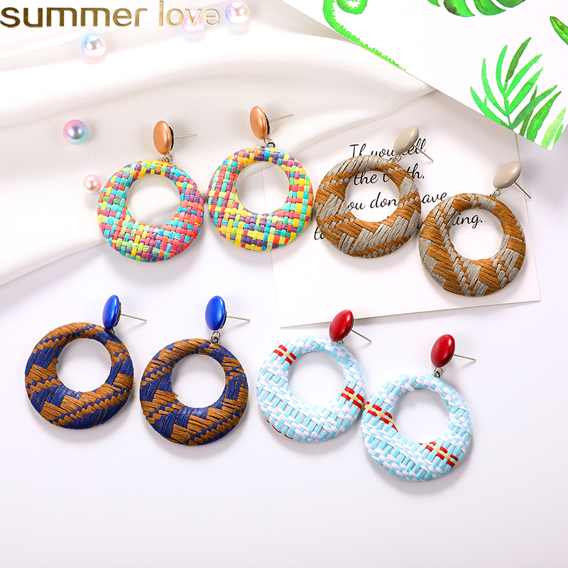 

Bohemian Straw Woven Dangle Earrings Lafite Straw Big Hoop Round Circle Earring for Women Girls Wholesale Jewelry