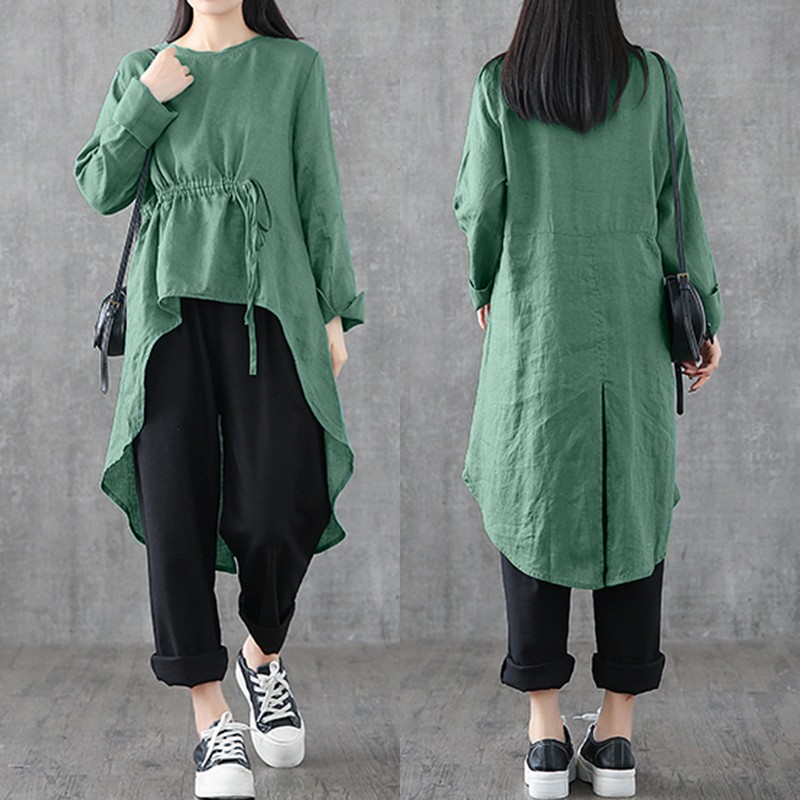 

Women's Asymmetrical Blouse 2020 ZANZEA Elegant Drawstring Shirts Cotton Long Sleeve Shirts Female Split Blusas Plus Size Tunic, Navy