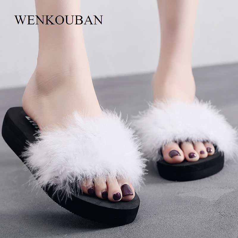 

Women Fur Slippers Ostrich Feather Summer Beach Shoes Female Fashion Hair Flip Flops Funny Home Sandals Ladies Warm Slippers, Black