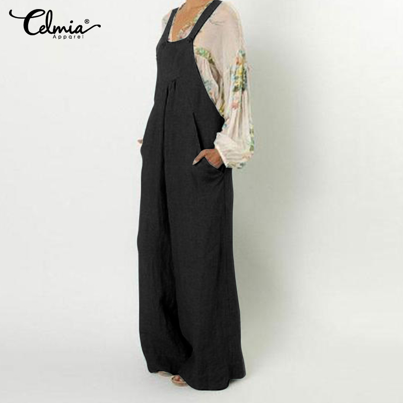 

Plus Size Jumpsuits Celmia 2020 Summer Women Straps Vintage Rompers Casual Loose Wide Leg Overalls Sexy Sleeveless Long Pantalon, Black