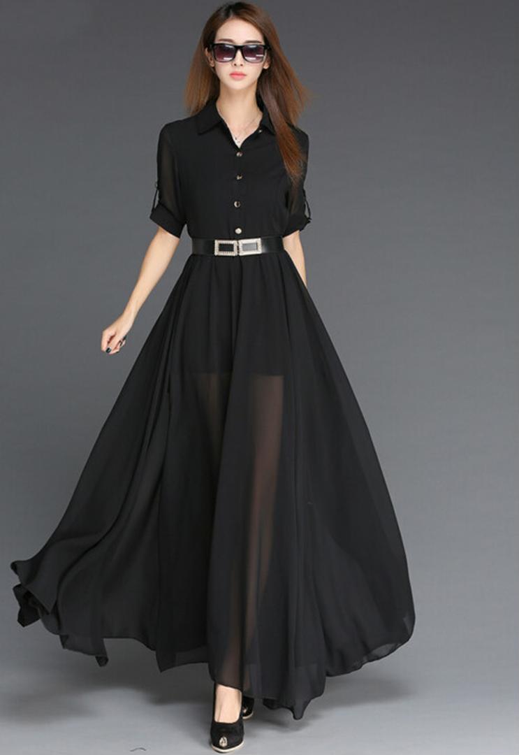 

Plus elegant lapels short-sleeved solid color slim slimming black long dress