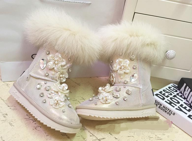 

Hot Sale- Australia Classic Australia snow In-tube diamond gemstone fashion fox fur thick snow boots, White