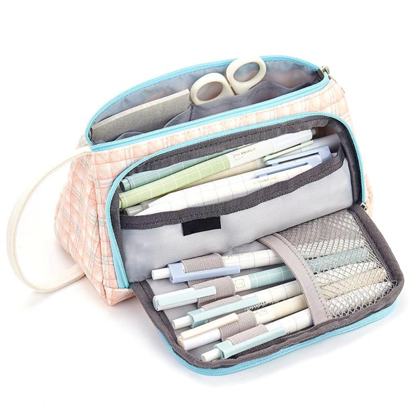 

Plaid Dot Print Pencil Case Pen Cosmetic Bag Stationery Zippered Storage Pouch