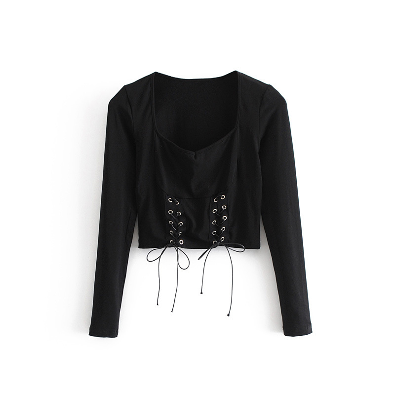 

Women Lace Up Tube Top Long Sleeve Short Style Crop Top White Black Blouses Stylish Female Casual Sexy Tops Blusas, As picture