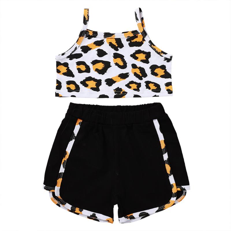 

Kids Baby Girls Summer Casual Personality Leopard Suspender Top and Solid Color Elastic Short Pants 2pc Sets 0-4Y, As pic