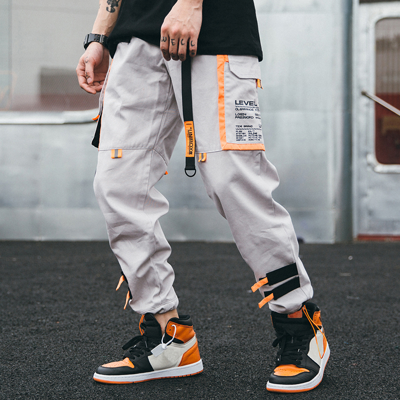 

Januarysnow Hip Hip Cargo Pants Streetwear Men Harajuku Harem Pants Joggers Casual Tatical Pants Ribbon Multi Pockets Track Trousers, Black