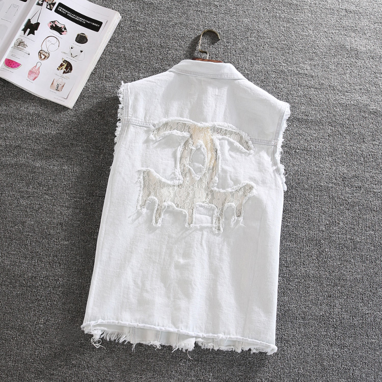 

women loose hollow out lace vintage casual denim vest, As pic