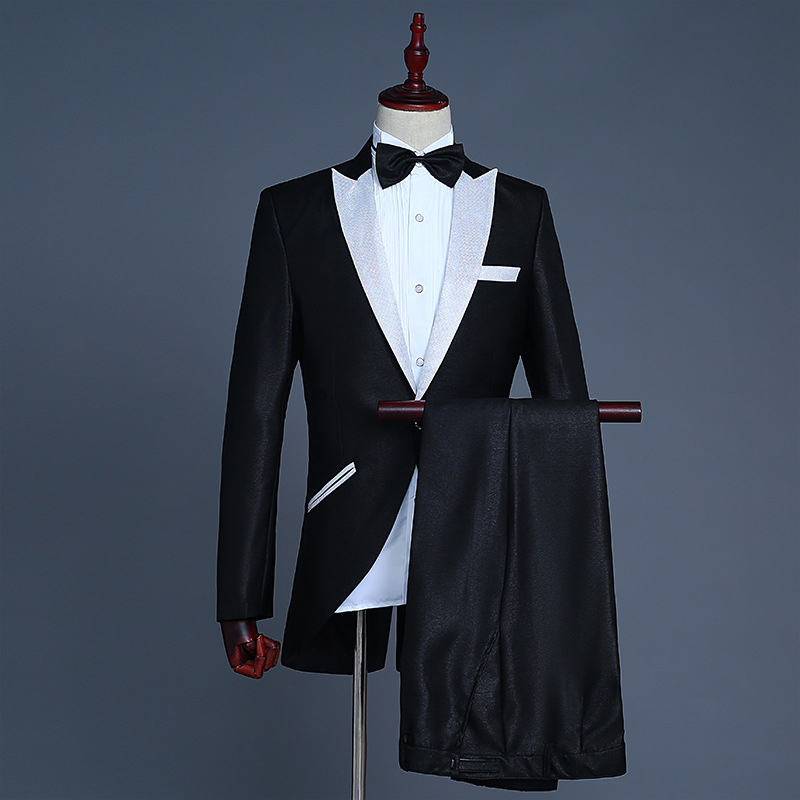 

Black Tuxedo Dress Men Classic Lapel Tail Coat Stage Wedding Groom Singer Mens Dress Suits 4pcs Jacket+Pants+Bowtie+Girdle, Black white collar