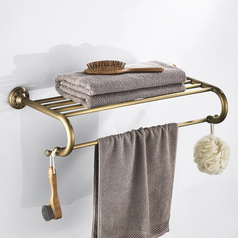

Wall Mounted Antique Brass Bath Towel Rack Active Bathroom Towel Holder Double Shelf Bathroom Accessories, As pic