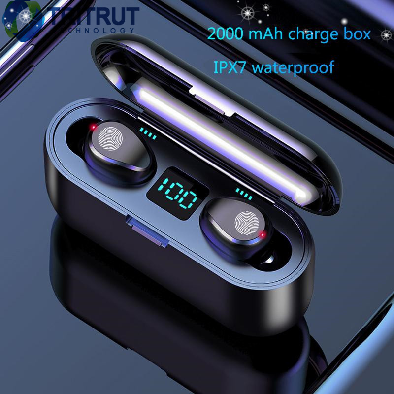 

F9 Wireless Earphone Bluetooth V5.0 Earbuds Bluetooth Headphone LED Display With 2000mAh Power Bank Headset With Microphone MQ30, Black