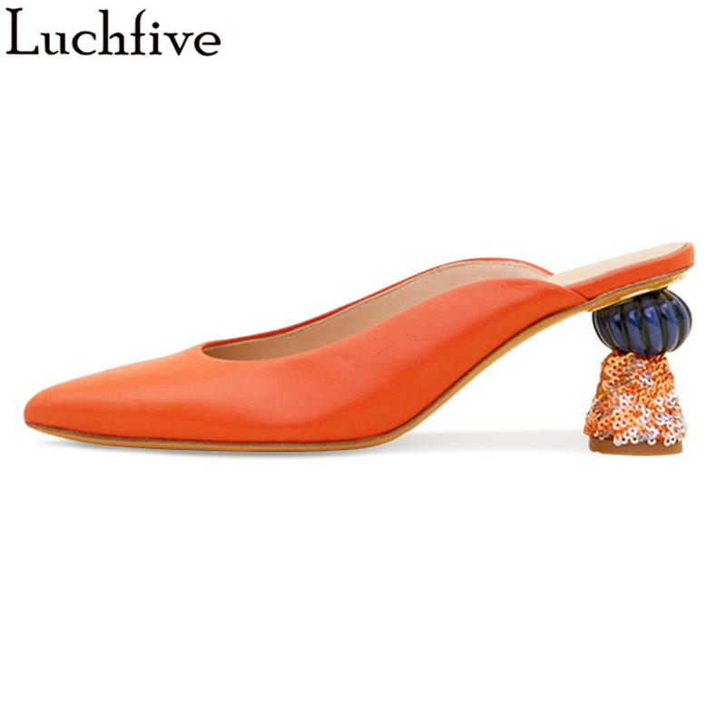 

Fashion Pointy Toe Slippes Woman Sequins Block Heel Party Shoes Runway Slip On Slides Summer Orange Shoes Woman