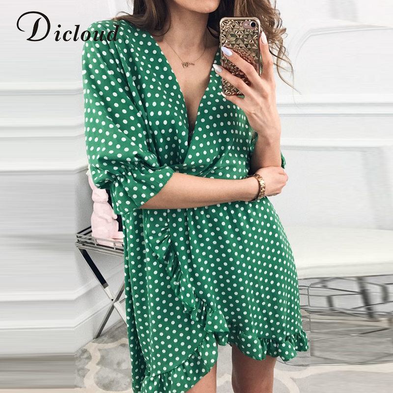 

Women Dress Ruffles Print Polka Dot Sexy Bodycon Beach Female Half sleeve Summer Party Mini Dresses Vestidos, Green
