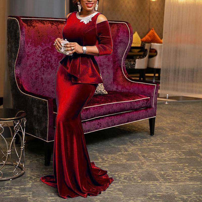 

Retro Red Velvet Mermaid Long Dress Women Plus Size Dinner Evening Elegant Ladies Bodycon Peplum Ruffle Vintage Maxi Party Dress, Black