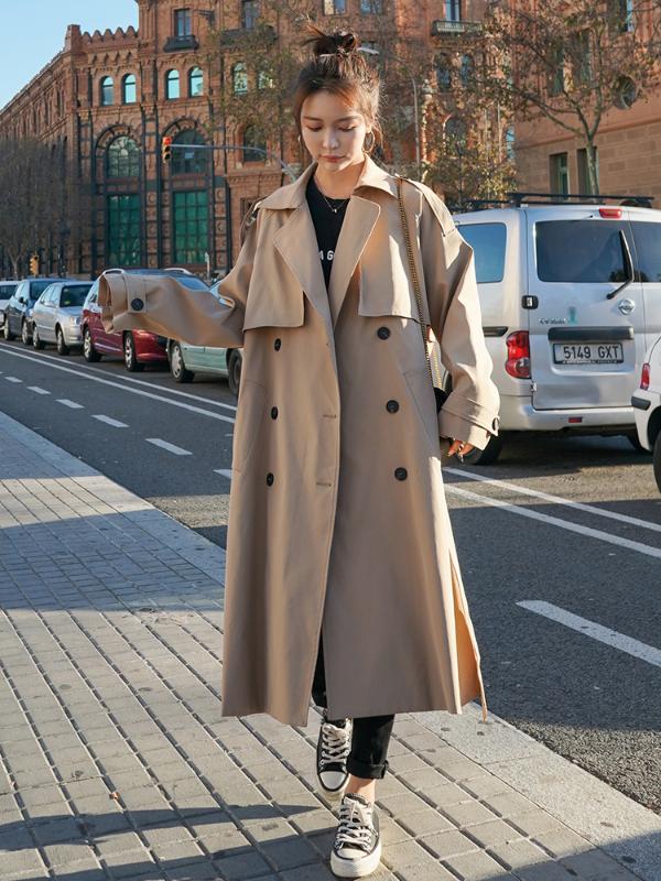 

Women' Khaki Windbreaker 2020 Autumn British-Style Popular Mid-Length Jacket Double Breasted Trench Coats With Belt