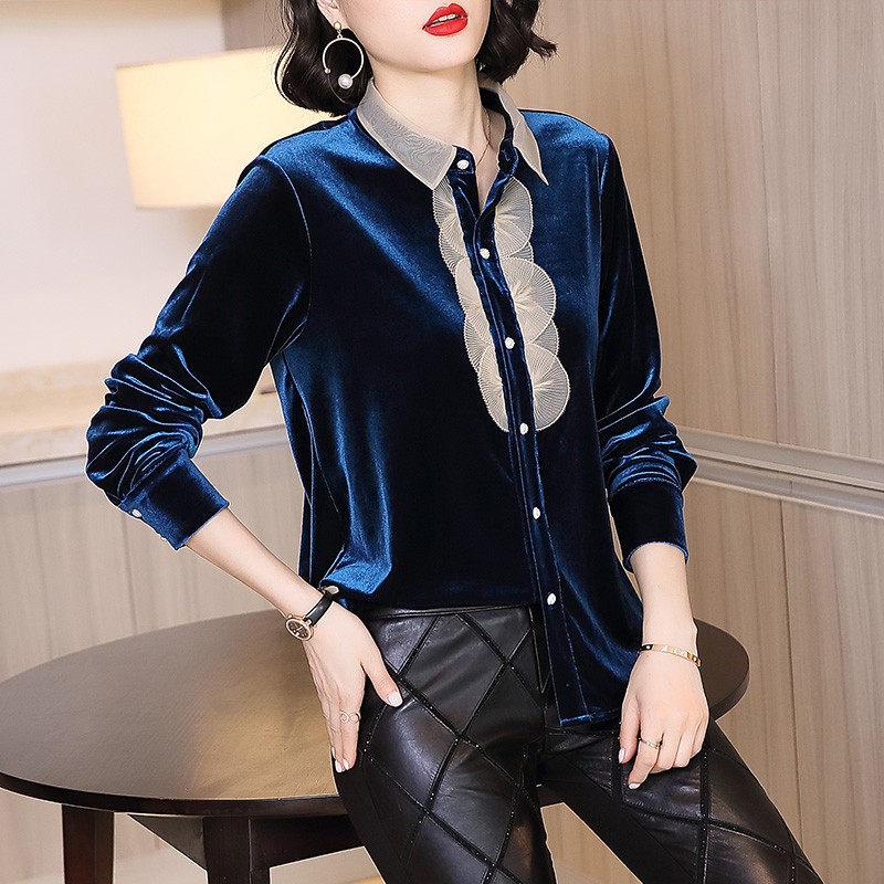 

Velvet Womens Long Tops And Blouses Appliques Woman Blouses Shirts Camisas Mujer 2020 Blusas Mujer De Moda High Quality Tunic, Blue