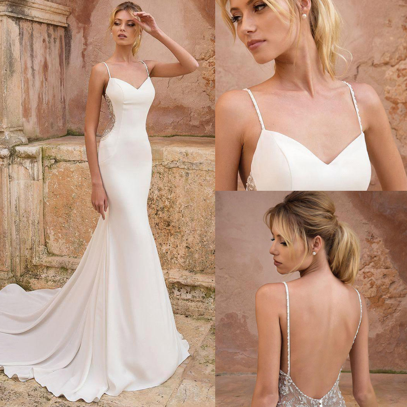 

Romantic Mermaid Wedding Dresses V Neck Sleeveless Backless Floor Long Satin Wedding Dresses Bridal Gowns Vestidos de novia BC3058, White