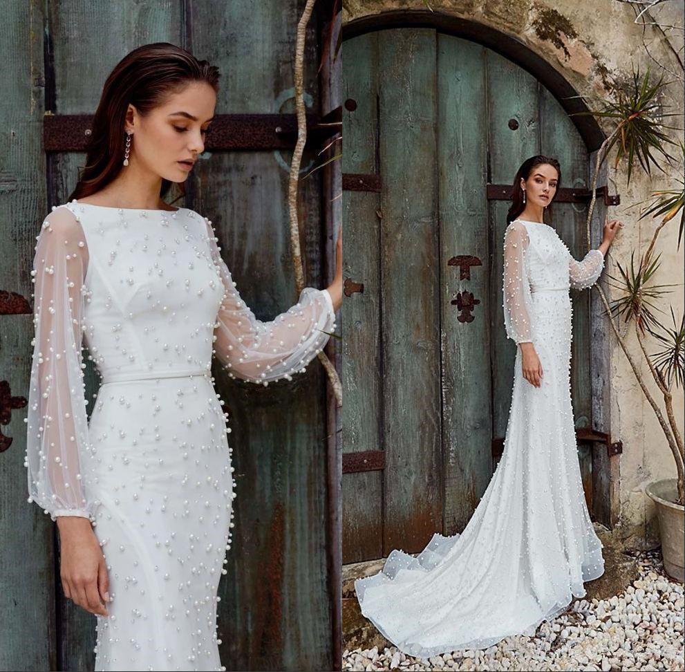 

2020 Luxury Beaded Bodice Wedding Dresses Bride Dress Sheer Long Sleeves Sweep Train Summer Wedding Gowns China, Pink