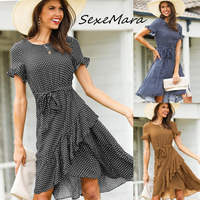 

Summer Casual Vintage Dot O-neck Women Dress 2019 Fashion Ruffles Sashes Midi Dress for Ladies, Black