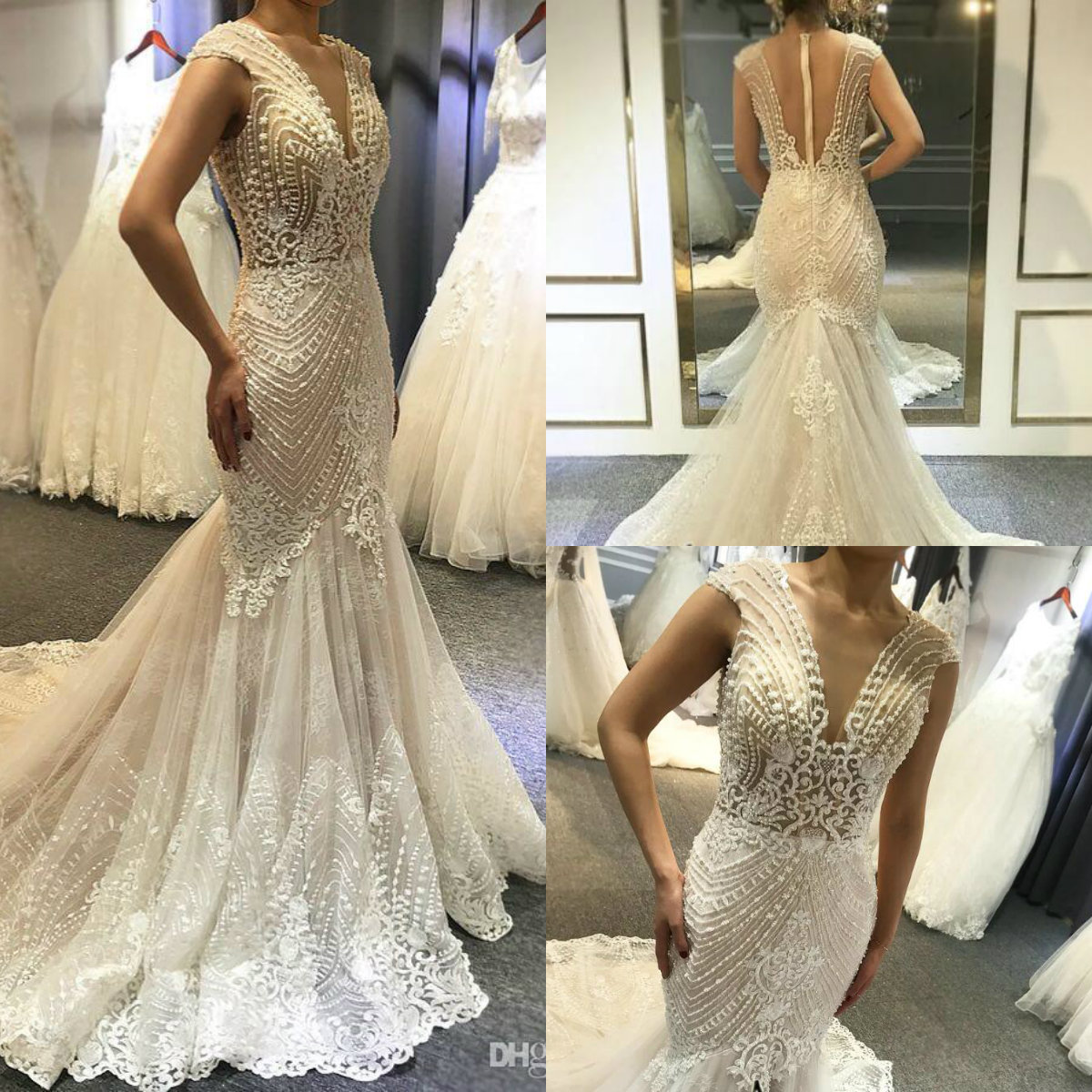 

2020 Pearls Mermaid Wedding Dresses V Neck Beadings Cap Sleeve Lace Appliqued Beach Bridal Gowns Plus Size Boho robe de mariée, Khaki