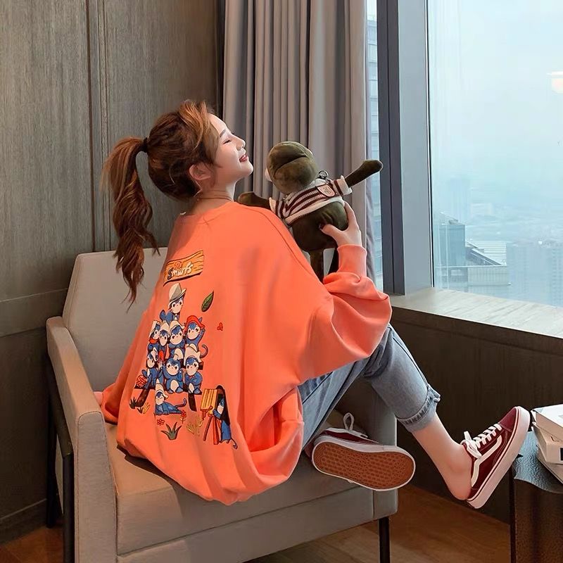 

New Design Autumn Spring Women Orange Plus Size Cartoon letter Print hoddies loose Clothes Casual Woman Couple Hoody, Blue