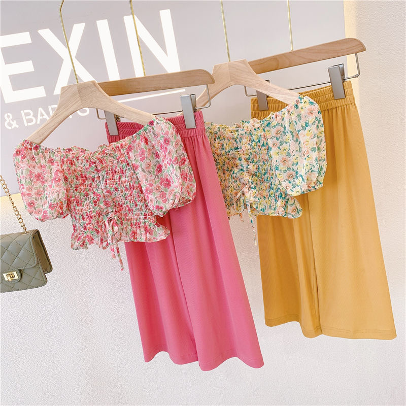 

Summer girls 2 pcs set baby blouse + pants kids suits children clothes floral pletaed elastic ruched puff sleeve 2 to 9 yrs, Pink