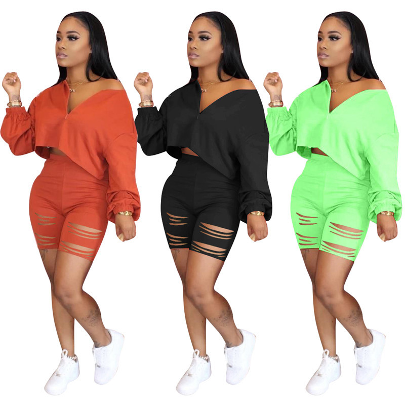 2020 Ensemble de robes décontracté en deux pièces Vêtements d'été pour femmes survêtement Crop-top Hole Shorts Sweat Cost Ushory Matching Set Ten