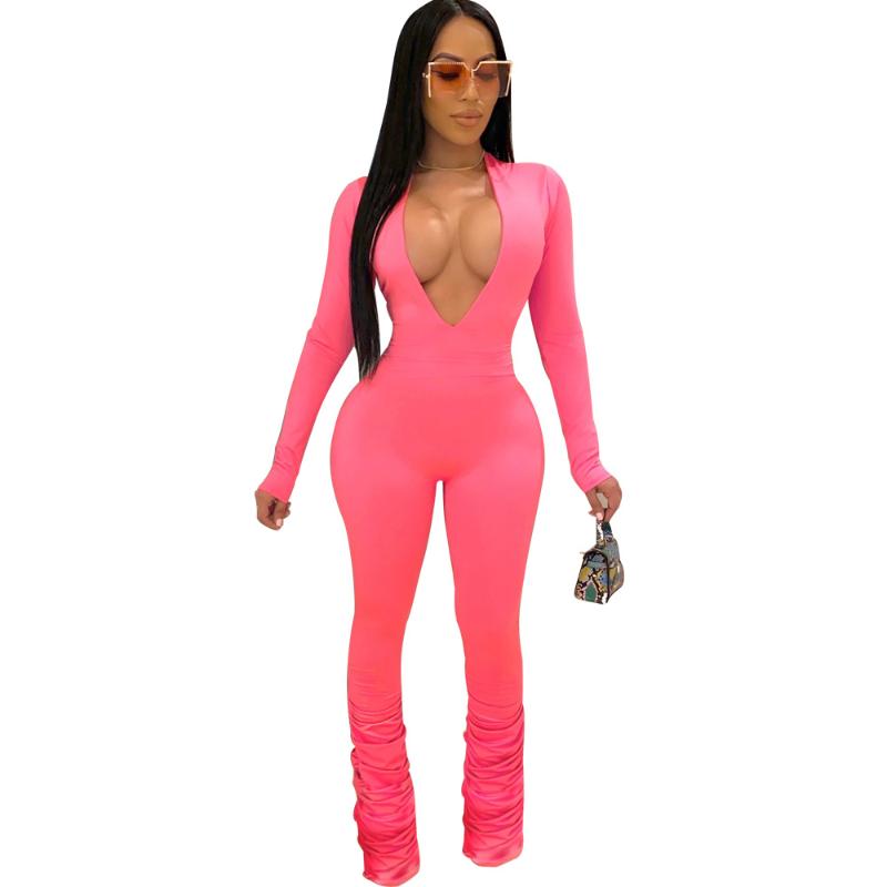 Echoine Sexy Bodycon Ruched Pleated Jumpsuit Women Skinny stacked pants Club Outfits V-neck Ripped Rompers Playsuit Fashion 2020