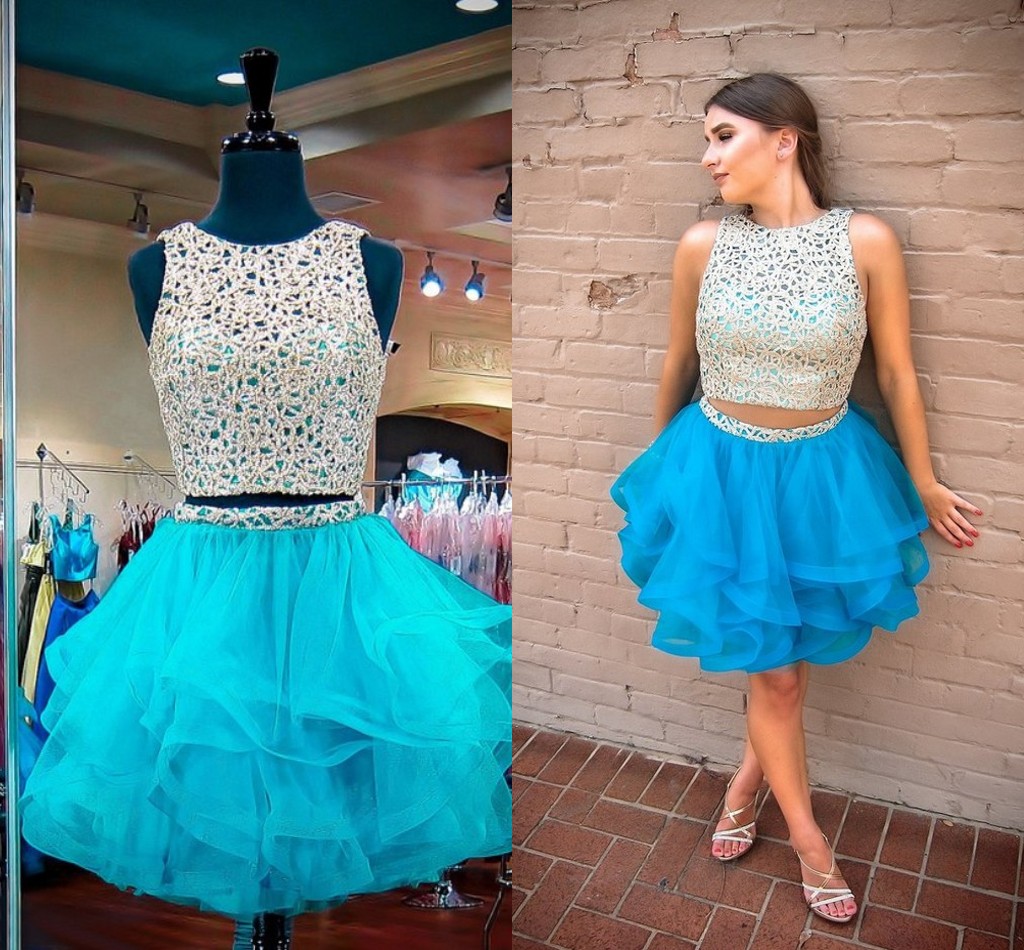 

2022 Sparkly Gold Lace 2 Piece Short Party Prom Homecoming Dresses V Backless Ball Gown Ruffles Tulle Real Photo Graduation Party Dress, Black