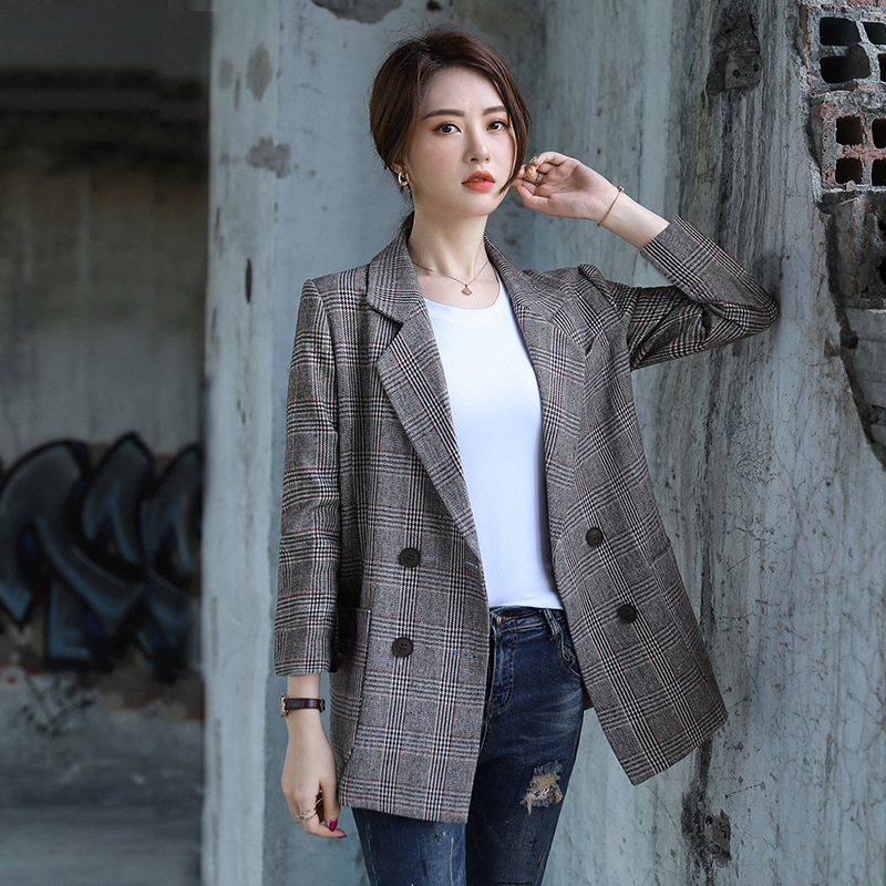 

High quality loose women' jacket New temperament ladies plaid blazer Office career autumn and winter women' suit large size