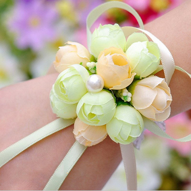 

10pcs /lot Wedding silk rose Wrist Flowers Bridesmaid Marriage Artificial ribbon Corsages Wristband Flowers wedding decoration Accessories, Chmapagne