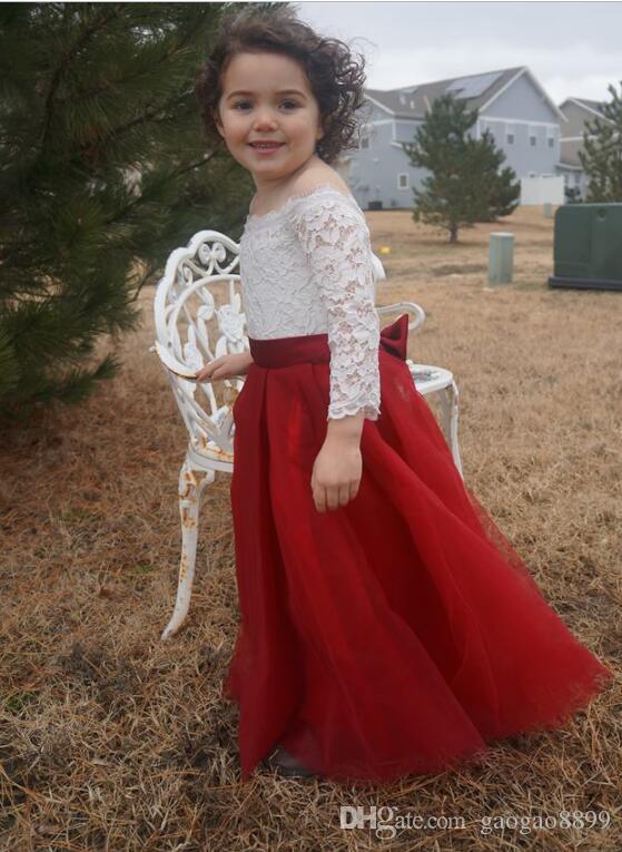 

Flower Girls Dresses For Weddings bateau Ruffles Lace Tulle long sleeves Princess Children Wedding Birthday Party Dresses custom made, Fuchsia