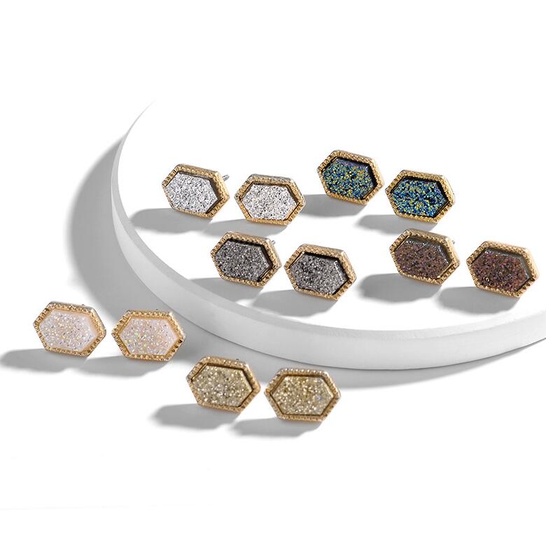 Designer Oval Druzy Drusy Earrings Gold Plated Hexagon Geometry Resin Stud Earrings for Women Girl gift