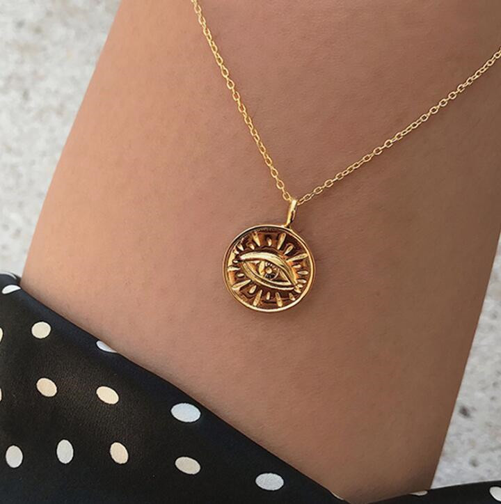 

Gold Color Coin Eye Pendant Necklaces for Women Simple Round Disc Layered Choker Boho Charms Initial Necklaces Jewelry T325, Silver