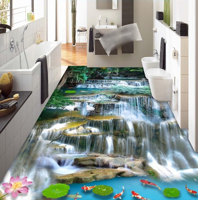 

3d pvc flooring custom photo Waterproof Self-adhesive floor Forest water waterfall landscape home decor living room wallpaper for walls 3 d, Customize