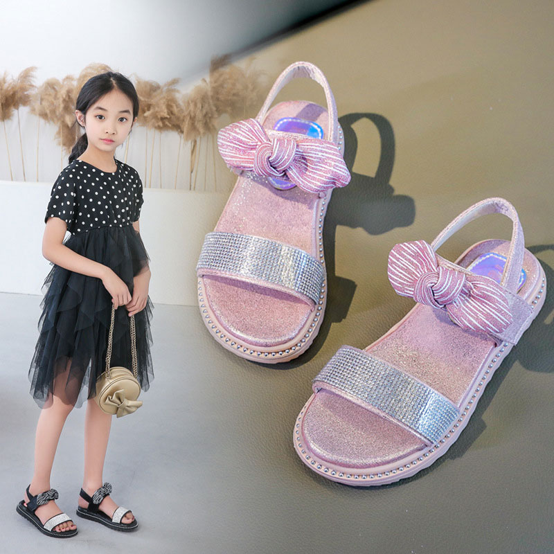 

Kids Summer Rhinestone Sandals Princess Girls Butterfly Flat Glitter Beach Shoes Rivet Bohemian Sandals Students Shoes, Black