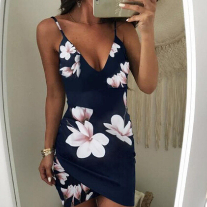 

Sexy Womens Sleeveless Dress Floral Strappy V Neck Vestido Bodycon Evening Party Clubwear Short Mini Dress Fashion, Blue