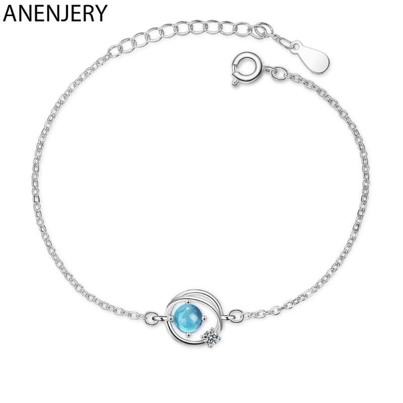 

ANENJERY Dream Blue Crystal Universe Planet Star Pendant Bracelet 925 Sterling Silver Zircon Link Chain Braclet For Women S-B302