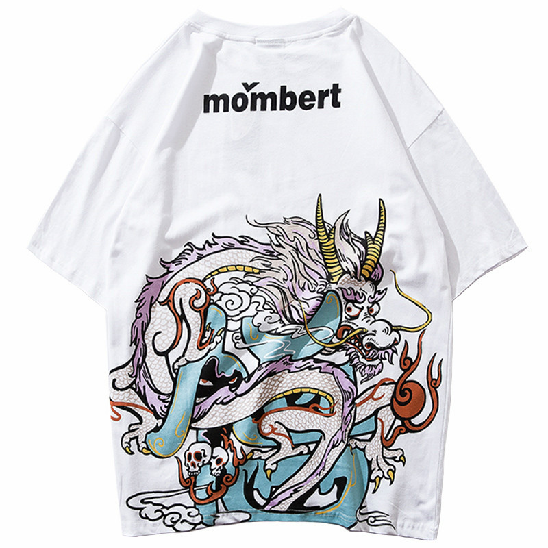 

Januarysnow Shirt Streetwear Men Hip Hop Japanese Cartoon Dragon T-Shirt Cotton Summer Fashion Harajuku Tshirt Short Sleeve Tops Tees, White