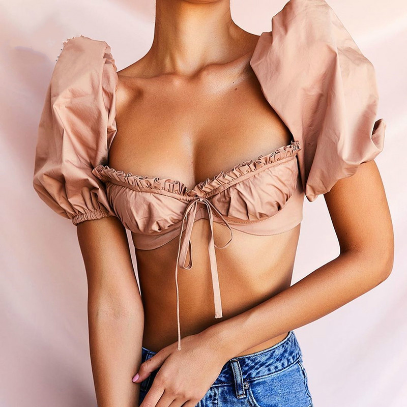 

Puff Sleeve Underwire Corset Tops Women Summer Square Collar Vintage Blusas Sexy Push Up Padded Bustier 2020 Ruffles Crop Top, Khaki top