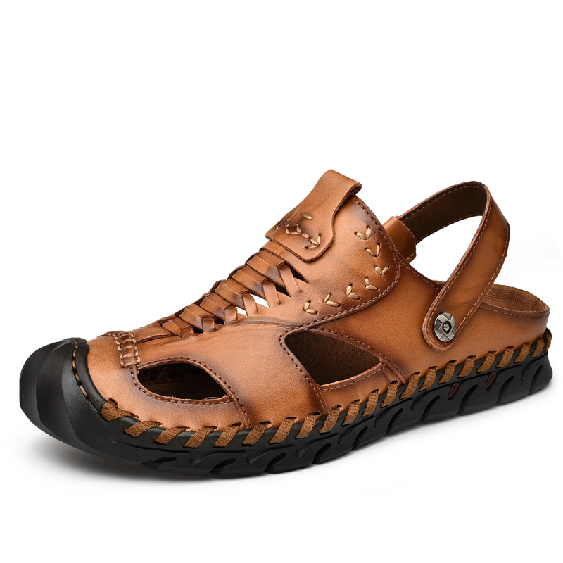 

Classic Mens Sandals Soft Summer Beach Shoes Slipper Male Roman Genuine Leather Sandals Rubber Flip Flops Water Trekking, Light brown