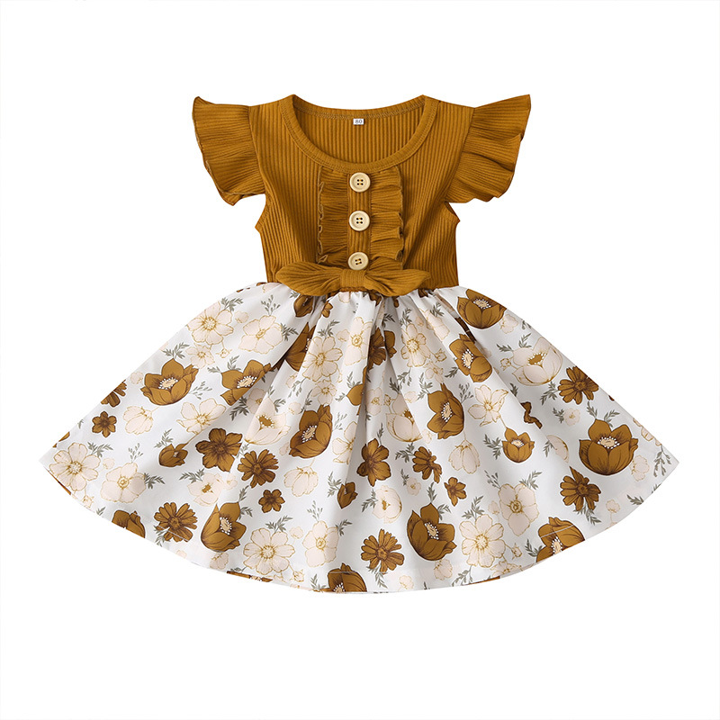 

Summer Girls Dress New Printed Fashion Splicing Bow Children's Dress Princess Kids Dresses for Girls Brown Cotton