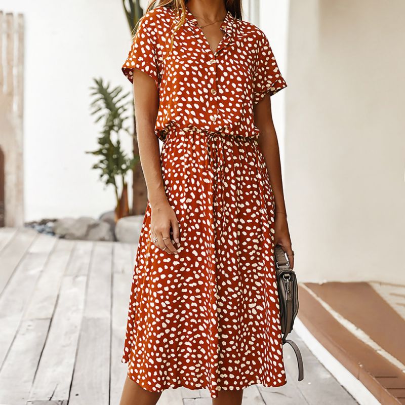

Summer Chiffon Dress Polka Dot Boho Beach Dress Vintage Ruffles Short Sleeve A-Line Party