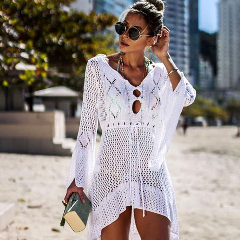 

2019 Crochet White Knitted Beach Cover up dress Tunic Long Pareos Bikinis Cover ups Swim up Robe Plage Beachwear