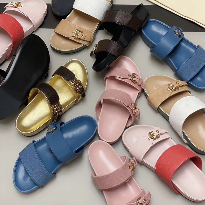 

Luxury Leather mules sliders Designer mules sliders Women Mens Low Mule Bom Dia golden buckle Summer sandal flat Print Flip Flops 10 colors, Color 4