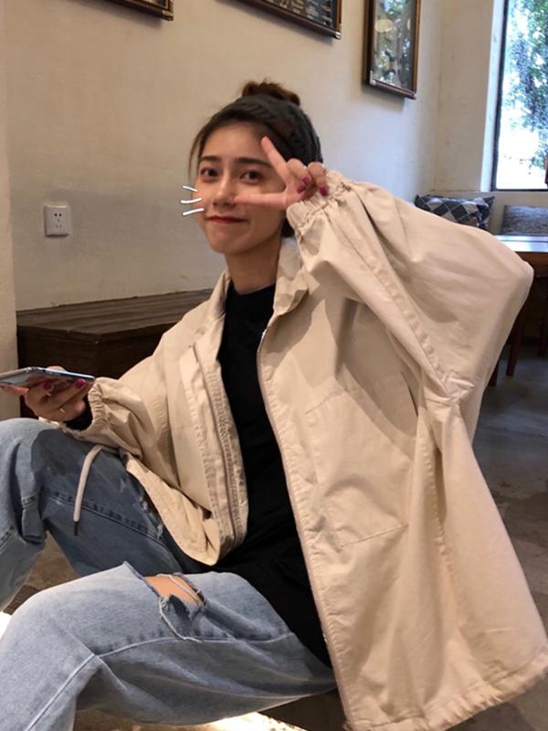 

Women's new fashion casual Korean version of the simple simple loose wild tooling jacket female long-sleeved top, Black