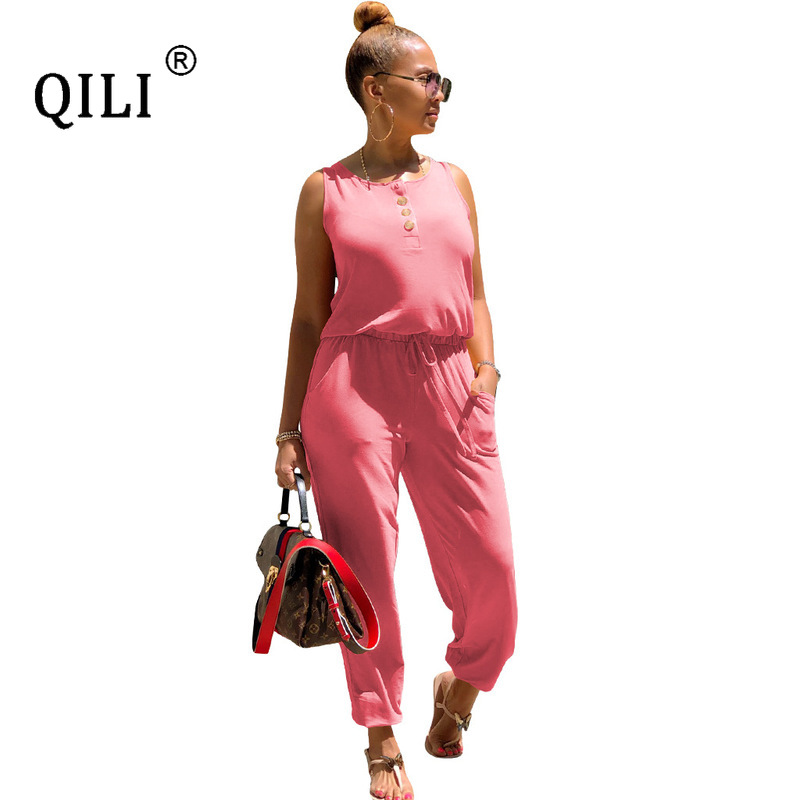 

QILI Women Casual Jumpsuits V Neck Drawstring Button Pockets Jumpsuit Womens Rompers, Green