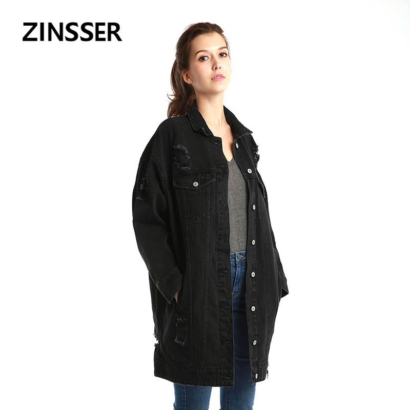 

Women Denim Fancy Long Jacket Oversize Loose Casual Long Sleeve 100% Cotton Washed Blue Black Ripped Female Lady Coat