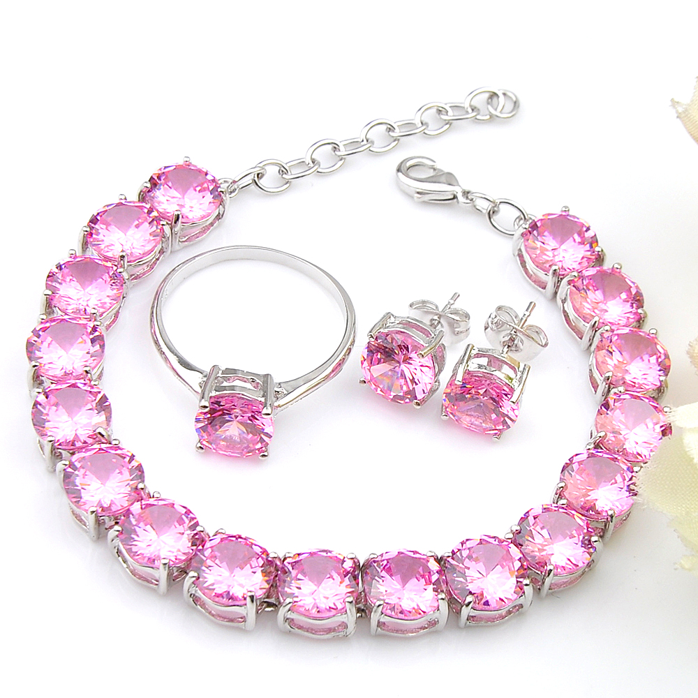 

Wholesa Weddubg Jewelry Set Classic Round Pink Cubic Zirconia Gems 925 Sterling Silver Ring Stud Earrings Bracelet Jewelry Sets 8'inch